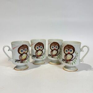 Vintage 70s Owls Who-o-o-o Pedestal Coffee Mug Set of 4 Enkore Japan
